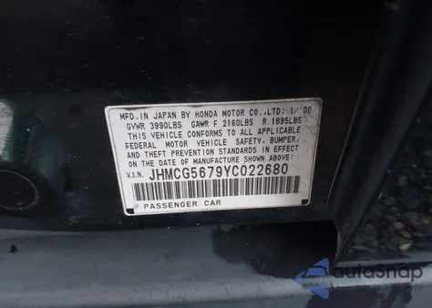 2000 Honda Accord 2.3 Se from USA, damaged, VIN JHMCG5679YC022680